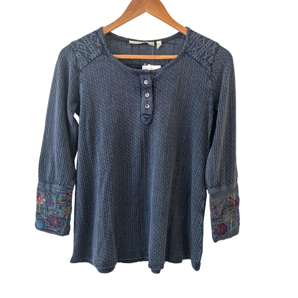 Soft Surroundings Embroidered Henley Top Womens Petite XS‎ Blue Boho Floral Y2K